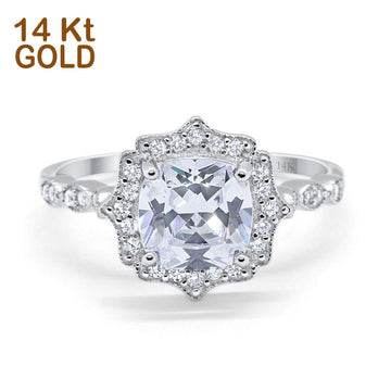 14K White Gold Art Deco Wedding Ring Cushion Cut Simulated Cubic Zirconia